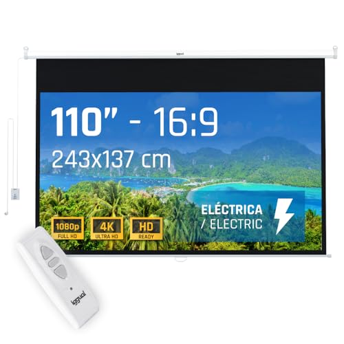 Iggual Pantalla Proyección 110" Pulgadas Eléctrica Enrollable -Panorámica 16:9 -Caída Ajustable -Mando Distancia e Interruptor Aux- Apto Pared/Techo -Compatible 4k y Cualquier Proyector (243x137 cm) ✅