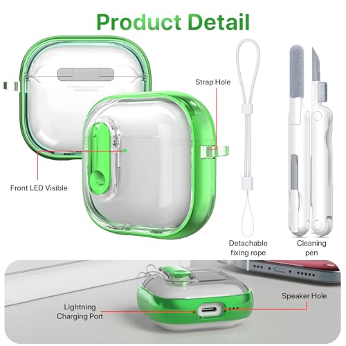 RFUNGUANGO (with Security Lock) Clear Protective Case for Airpods 4th Generation, Soft TPU Clear Airpods 4 Protective Case - with Cleaning Kit/Lanyard, Green — view 4