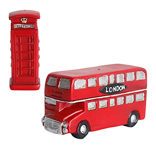 NUOBESTY 2Pcs Vintage London Telephone Booth Statues Resin Vintage Bus Mini Bus Car Model Toy Sculpture for Home Bar Desktop Decoration