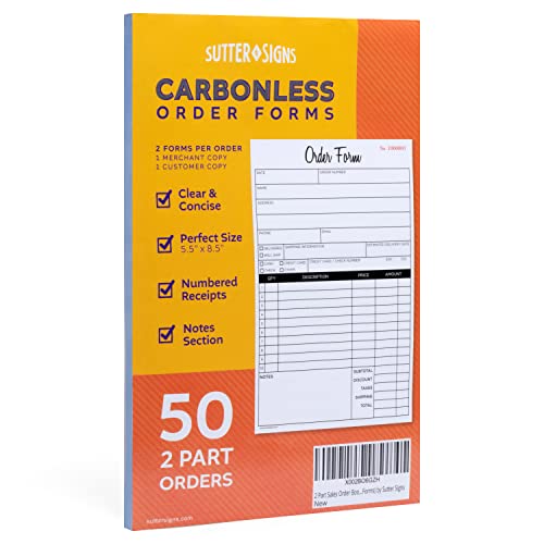 Purchase Order Receipt Book By Sutter Signs | 2 Part Carbonless Order Forms For Small Business Invoices And Records (Pad Of 50 2-Part 5 ½ X 8 ½” Forms) #TOP22