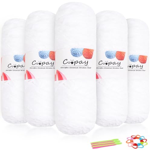 Coopay Lana de chenilla de terciopelo para ganchillo, 500 g (5 x 100 g), lana gruesa para tejer, mullida, suave y aterciopelada, con accesorios de ganchillo para bufandas, mantas, color blanco