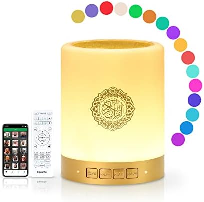 Equantu Quran Speaker Touch Lamp - Smart Touch Lamp Portable Bluetooth Speaker Bedside Lamp, 14 Translations 18 Reciters AZAN Speaker with APP Control, 7 Color Changeable Night Lights SQ112