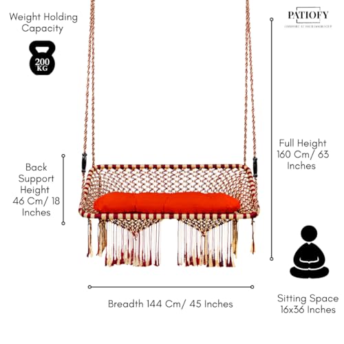 Image of Patiofy Premium Large Double Seater Swing Hanging Hammock Swing Chair for 2 People /Jhula for Adults / 2 Seater Swing for Balcony /Includes Free Hanging Kit & Cushion (Red Golden)