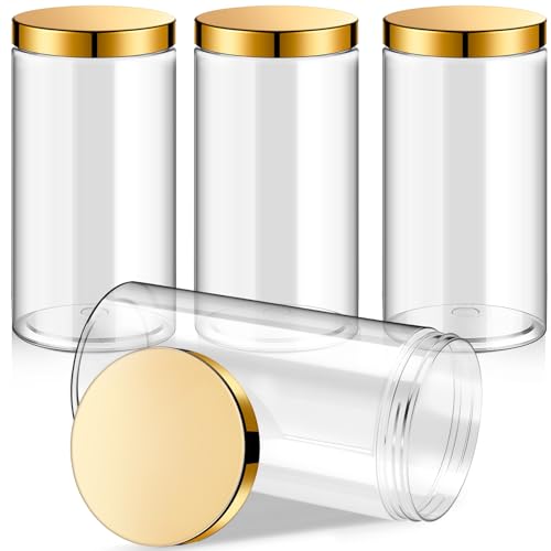 Image of Patelai 4 Pieces Round Wide-mouth Leak Proof Plastic Container Jars with Lids for Travel Storage Makeup Beauty Products Face Creams Oils Salves Ointments DIY Making(32 Ounce,Gold)