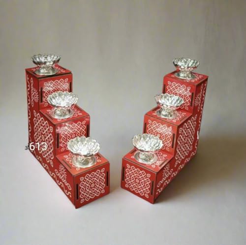 German Silver Set of 6 Diya with Hand Painted MDF Detachable Steps/Stairs for Housewarming/Diwali/Gift Item, red