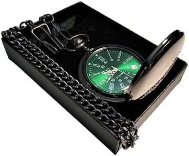 Engraved pocket watch, Green dial watch with Roman numerals, comes with the chain, fitted box and engraving. Vintage style pocket watch personalized (Black)