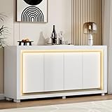 63'Sideboard Buffet Cabinet,Kitchen Buffet Storage Cabinet with Power Outlets & LED Light, Modern Storage Cabinet with 4 Doors,Coffee Bar Console Wine Bar for Living Room,Kitchen,Hallway (White)