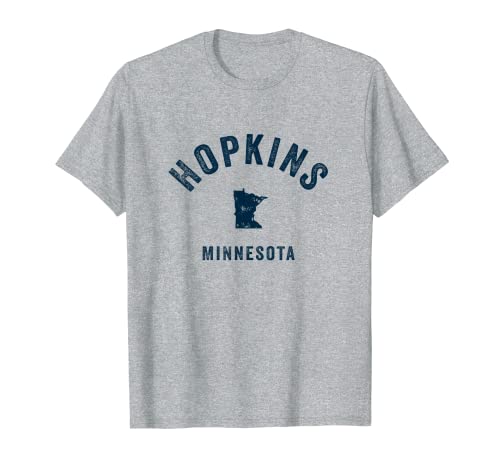 Hopkins Minnesota MN Vintage 70s design desportivo estampado azul marinho t-shirt, cinza