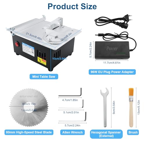 Mini Tischkreissäge 96W, Tragbare Präzisions Tischsäge, 7-Gang-Netzteil, Schnitthöhe 0-20mm, mit 2 Sägeblätter & Sicherheitsklappe, Multifunktional Tischkreissäge für Holzarbeiten
