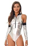 iEFiEL Damen Wetlook Bodysuit Glänzend Lackleder Catsuit Langarm Body/Kurzarm Gymnastikanzug Trikot Einteiler Ballettanzug W Silber M