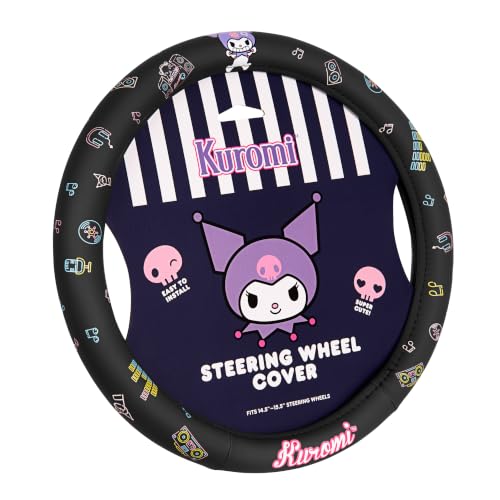 Kuromi Lenkradbezug, Offizielle Sanrio Auto Lenkradhülle mit Universalgröße 14,5-15,5, Niedliche Kawaii Schwarze Lenkradhülle für Frauen, Kuromi Autozubehör (Kuromi Schwarz)