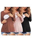 Ekouaer Women 3 Packs Nursing Shirts Long Sleeve Maternity Tops Double Layer Breastfeeding Tees Round Neck Pregnancy Blouse Black+Dirty Pink+Deep Brown XL