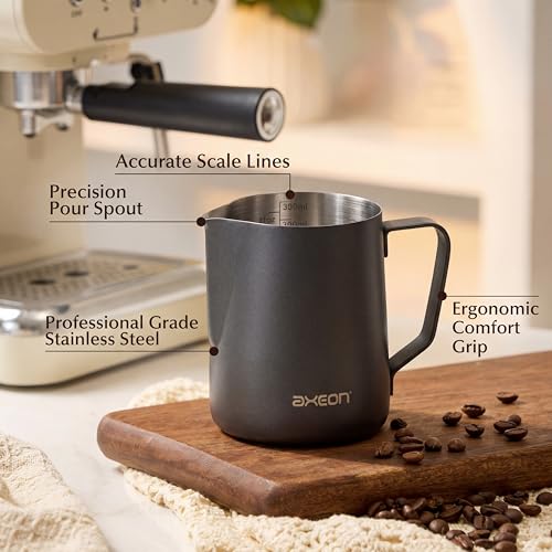 Image of Axeon Stainless Steel Milk Frothing Pitcher 600ml / 20oz | Espresso Milk Frother Jug with Internal Scale & Matte Coating | V-Spout for Latte Art | Barista Steam Jug for Cappuccino & Coffee, Black