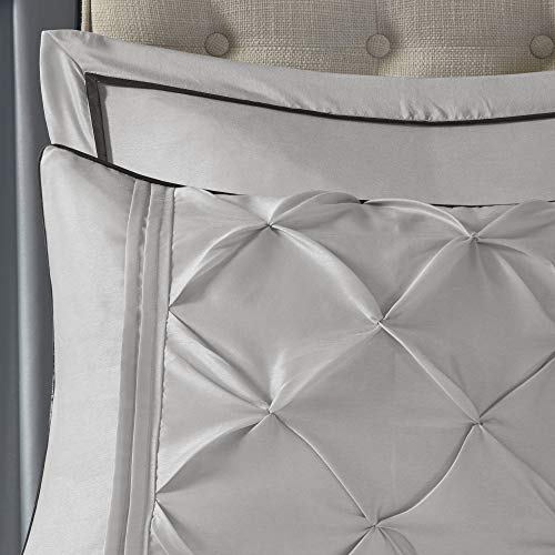 Image of Madison Park Essentials Room in a Bag Faux Silk Comforter Set - Luxe Diamond Tufting All Season Bedding, Matching Curtains, Decorative Pillows, Grey King(104 inchx92 inch) 24 Piece