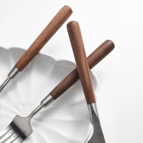 48 Piece wooden silverware set for 12, 18/8 Stainless Steel wooden handle flatware set, Mirror Polished Cutlery Set for home and kitchen, Dishwasher Safe, eating utensils set