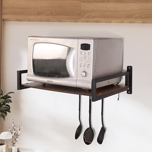 Image of KYZEN Deluxe Wall Mount Microwave Oven Stand with Pot Rack, 5 Hooks & Storage Container | Heavy-Duty Shelf for Microwave, OTG, Air Fryer, Grinder & Kitchen Organization (Wooden) Appliances WM Delux W