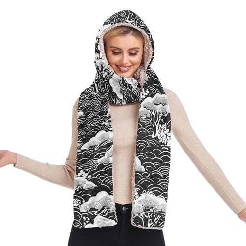 Bonnet d'hiver chaud à capuche longue écharpe motif arbre ondulé