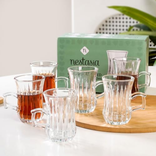 Image of Nestasia Set of 6 Transparent Glass Tea Cups (150ml Each) - Stripped Embossed Durable & 100% Food-Safe Coffee Mugs | Perfect for Coffee, Tea, Hot & Cold Beverages