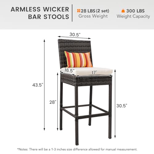 Sundale Outdoor Wicker Bar Stool Set of 2, 30 Inch Seat Height Patio Counter Height Stool with Back Rest, Rattan Woven Tall Chair with Pillow & Beige Cushion, High Bar Stool - Steel, Charcoal - Thumbnail 3