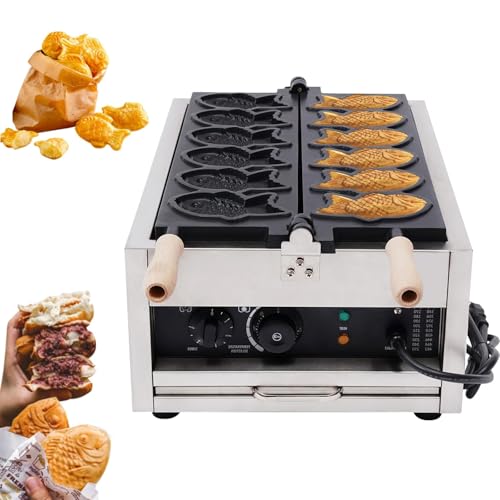 Macchina per Taiyaki, Piastra per Waffle Giapponesi Antiaderente a Forma di Pesce da 3000 W, Riscaldamento su Entrambi i Lati, Gira Waffle a 180°, Controllo della Temperatura 0-300,