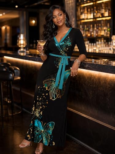 Image of Women's V Neck Floral Maxi Dress 3 /4 Sleeve Plus Size Boho Wrap Flowy Long Dresses with Belt