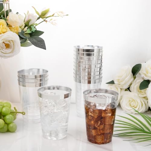 I00000 100 Pack 12 oz Silver Plastic Cups, Silver Rimmed Disposable Cups, Party Wine Glasses Cocktail Glasses Premium Cups with Silver Rim, 12 Ounce Plastic Tumblers For Party