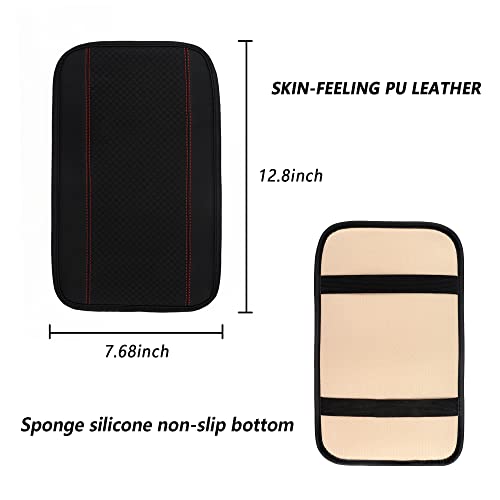 Junecarp Car Universal Armrest Box Mat,Fiber Pu Leather Embossing,Car Armrest Seat Cover Soft Leather Waterproof Armrest Cover Center Console Mat (Black/Red) #TOP1