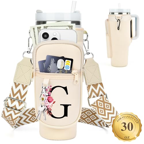 LOKASS Personalized for Stanley Cup Accessories 30oz, Initial Stanley Cup Holder with Strap, Cup Carrier Bag Water Bottle Holder with Phone Pocket Gifts for Women,Girls,Travel,Walking,Work