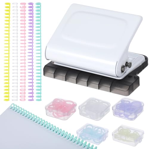 YOFAPA 10-Loch-Bindemaschinen-Kit, manuelles Bindesystem mit 10 St. Loseblatt-Binderücken & 100 St. Binderingen, Bindemaschine für Planer, 26 Löcher auf B5, 30 Löcher auf A4, 20 Löcher auf A5 (White)