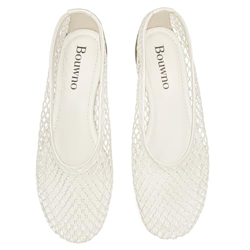 Bouwno Mesh Ballet Flats for Women Round Toe Woven Mesh Flats Slip on Ballet Shoes Comfy Casual Office Summer Fishnet Ballerina Flat Shoes White by Bouwno - Used condition - US$20.87