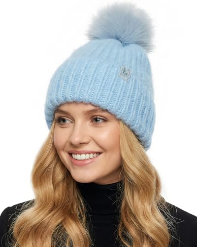 Ababalaya 100% Real Angora Rabbit Hair Knit Beanie with Real Fox Hair Pom Pom, Warm Winter Chunky Hat, Double Cuffed Cap Soft Fuzzy Knitted Skull Beanies, Iceblue