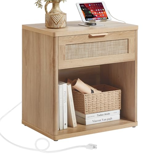 LEYAOYAO Rattan Nightstands Set of 2 with Charging Station, Natural Wood Night Stand with Drawer, 23" Wide Boho Bedside Table with Storage Shelf, Bed Side End Tables for Bedroom, Living Room