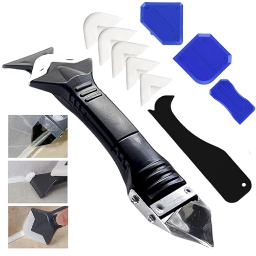 FENGZIZH Caulking Tool 3-in-1 Silicone Sealant Remover Tool with 5 Silicone Pads Stainless Steel Scraper Sealant Finisher & Remover for Bathroom Kitchen Floors (10Pcs)