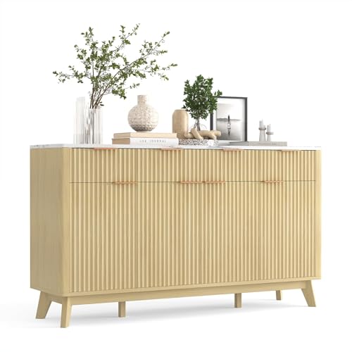 IDEALHOUSE Fluted Sideboard Buffet Cabinet with 3 Storage Drawers & Adjustable Shelves, Wooden Coffee Bar Cabinet Modern 60in Wide TV Stand for Living Room & Kitchen Dining Room - Natural Oak by IDEALHOUSE - Used condition - CA$267.16