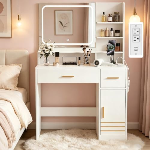 Vanity Desk with LED Mirror Power Outlet & Storage