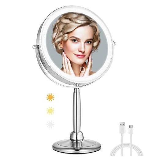 MIRRORMORE Professional 1X/10X Magnifying Makeup Mirror, 8'' Large Cosmetic Mirror with Magnetic Detachable Base, 360°Swivel Travel Bathroom Personal Mirror Tabletop, Senior Pearl Nickel