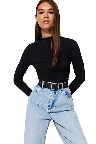 Trendyol Black Gather Detailed High Collar Fitted/Long Sleeve Fitted Stretchy Knitted Blouse TWOAW24BZ00018,Black M