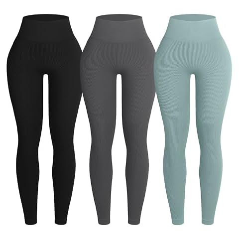 OVESPORT 3 Piece Ribbed Seamless Leggings for Women High Waist Workout Gym Athletic Yoga Pants Cover