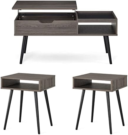 WAMPAT 3 Piece Coffee Table Set for Living Room,1 Wood Lift Top Coffee Table with Storage, Mid-Century Modern End Tables Set of 2, Espresso & Black