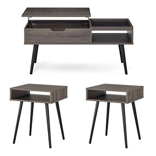 Wampat 3 Piece Coffee Table Set For Living Room,1 Wood Lift Top Coffee Table With Storage, Mid-Century Modern End Tables Set Of 2, Espresso & Black #TOP1