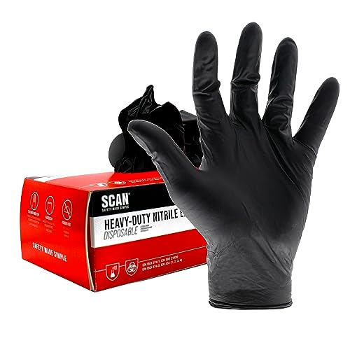 Scan SCAGLODNHDM Heavy-Duty Nitrile Gloves Disposable Black Medium 100 Pack