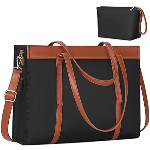 Laptop Bag for Women 15.6 Inch Laptop Tote Bag Waterproof Laptop Purse Work Bag USB Teacher Bag Professional Office Briefcase Stylish Shoulder Bag 2PCS Black