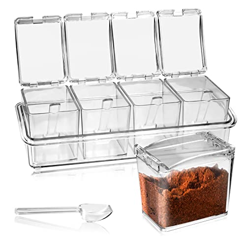 Faxco 4-Cell Clear Seasoning Rack Spice Box, Storage Container Condiment Jars Acrylic Seasoning Box With Cover And Spoon #TOP9