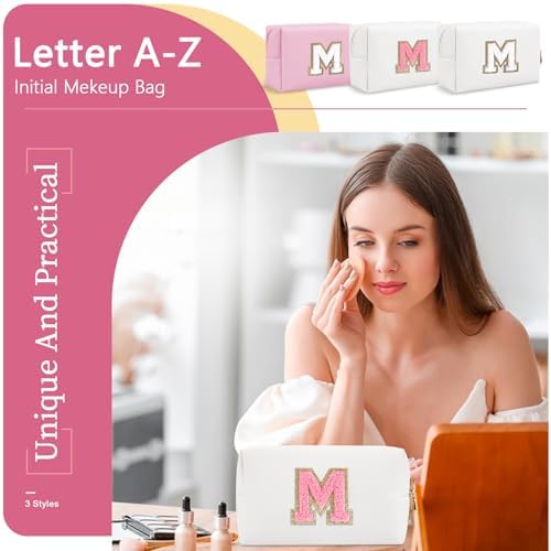 Personalized Makeup Bag Initial A-Z Preppy Patch Bag,Small PU Leather Travel Cosmetic Bag Pouch with Zipper,White Cute Toiletry Bag,Gift Ideal for Teen Girls Women Birthday Friend Mom,Letter M — view 6