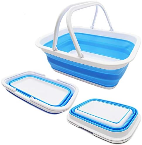 SAMMART 9.2L Collapsible Tub with Handle - Portable Outdoor Picnic Basket/Crater - Foldable Shopping Bag - Space Saving Storage Container (White/Bright Blue, 1)
