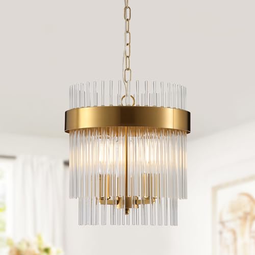 Dijiahua 3-Light Gold Pendant Lights Kitchen Island, 2-Tiers Crystal Pendant Light Fixtures Over Table, 12.6''Dia Brass Dining Room Glam Chandelier,Modern Adjustable Cord Hanging Lamp for Bedroom by Dijiahua - Used condition - US$81.69