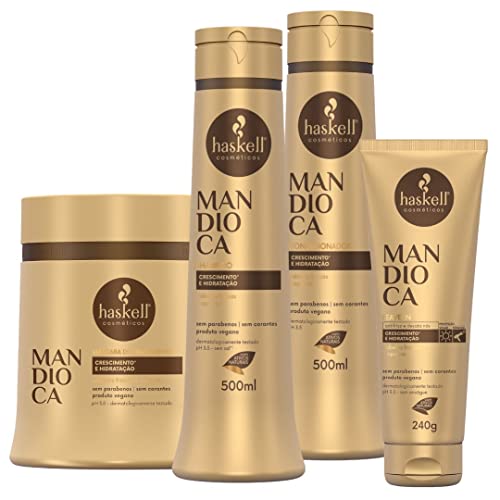 Kit Mandioca Haskell Shampoo Condicionador Máscara 500ml + Leave In 240g