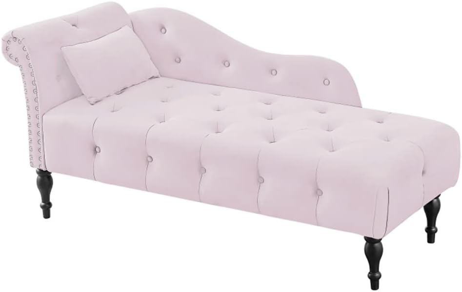 Velvet Chaise Lounge Button Tufted Nail Trim Solid Wood Legs W 1 Pillow 60.6" L X 27.50" W 28.30" H