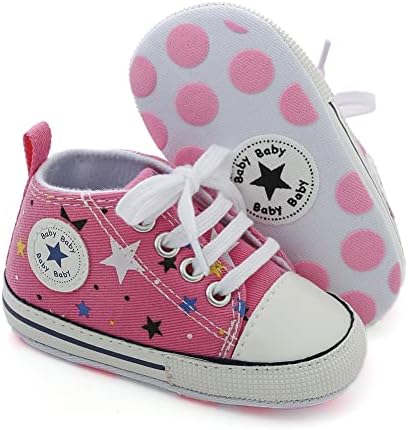 Baby Girls Boys Shoes Soft Anti-Slip Sole Newborn First Walkers Star High Top Canvas Denim Unisex Infant Sneaker (G-Pink, 6_Months)