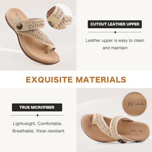 BCSTUDIO Women Comfort Adjustable Leather Flip Flop Sandals with Arch Support4